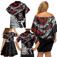New Zealand Maori Rugby Personalised Family Matching Off Shoulder Short Dress and Hawaiian Shirt Ta Moko Silver Fern LT7 - Polynesian Pride