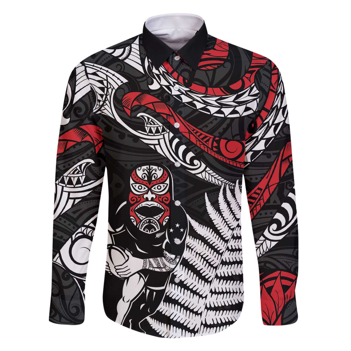 New Zealand Maori Rugby Personalised Family Matching Off Shoulder Short Dress and Hawaiian Shirt Ta Moko Silver Fern LT7 Dad's Shirt - Long Sleeve Black - Polynesian Pride