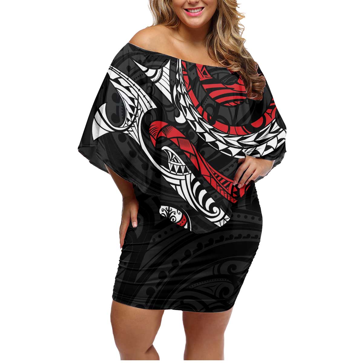 New Zealand Maori Rugby Personalised Family Matching Off Shoulder Short Dress and Hawaiian Shirt Ta Moko Silver Fern LT7 Mom's Dress Black - Polynesian Pride
