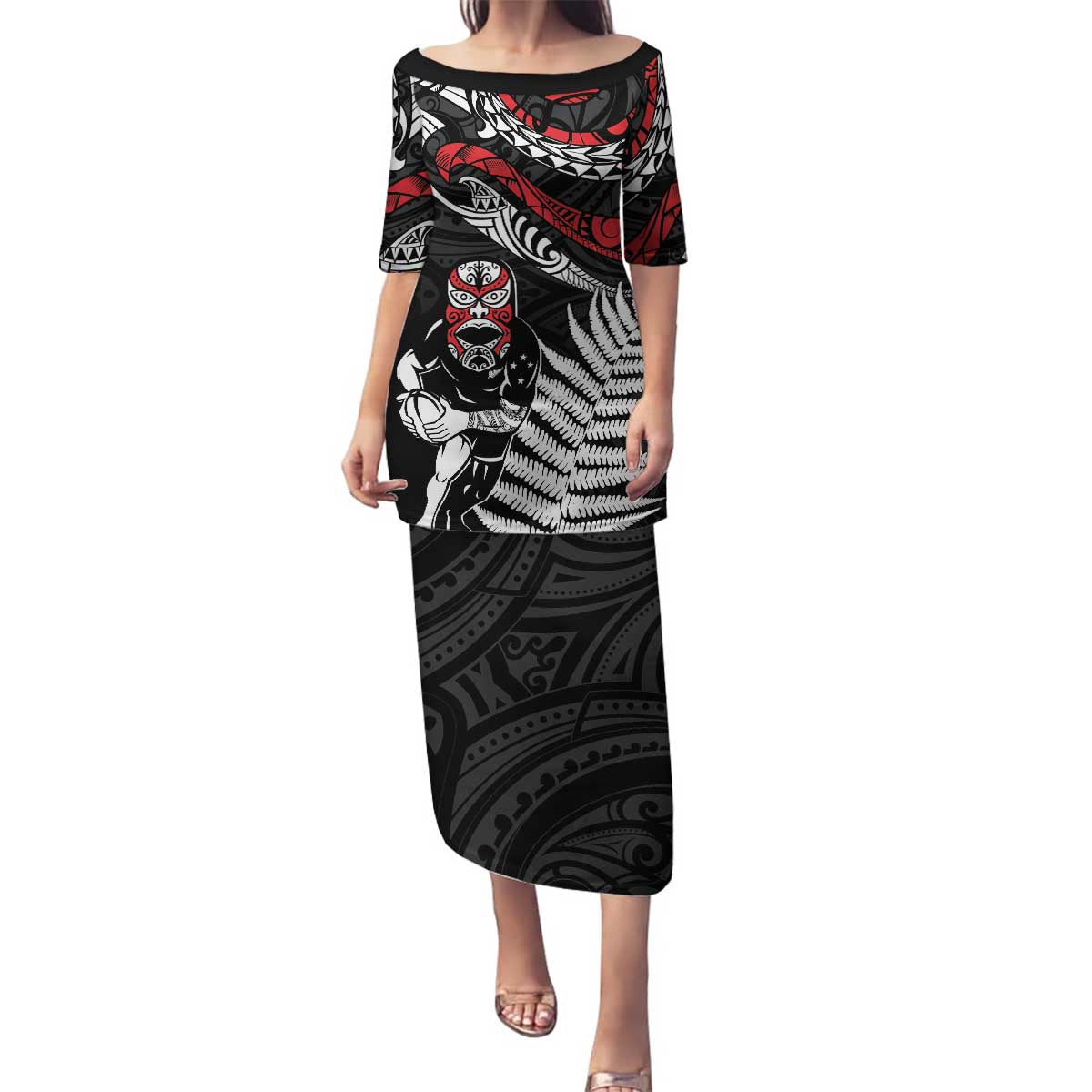 New Zealand Maori Rugby Personalised Family Matching Puletasi and Hawaiian Shirt Ta Moko Silver Fern LT7 Mom's Dress Black - Polynesian Pride