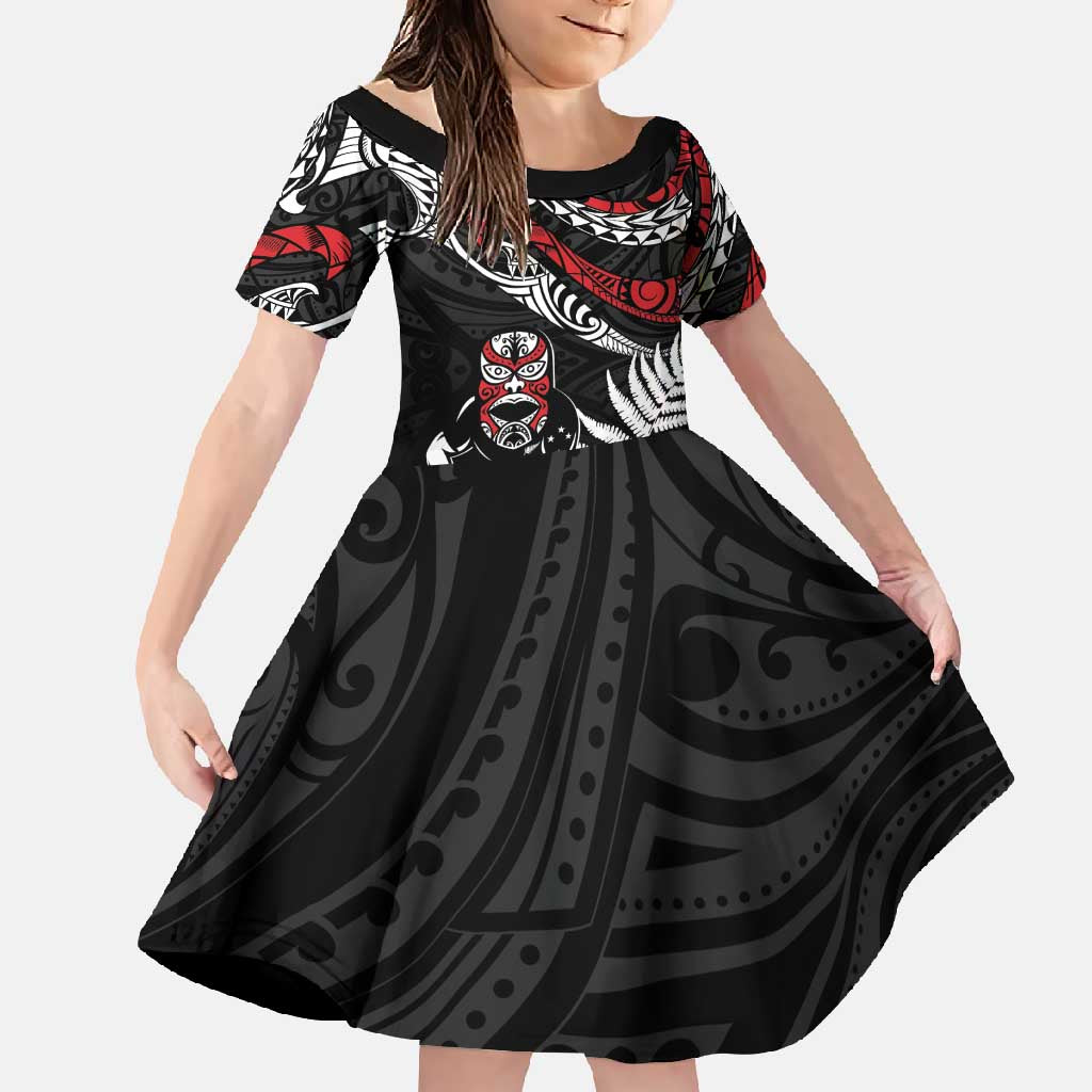 New Zealand Maori Rugby Personalised Family Matching Tank Maxi Dress and Hawaiian Shirt Ta Moko Silver Fern LT7 Daughter's Dress Black - Polynesian Pride
