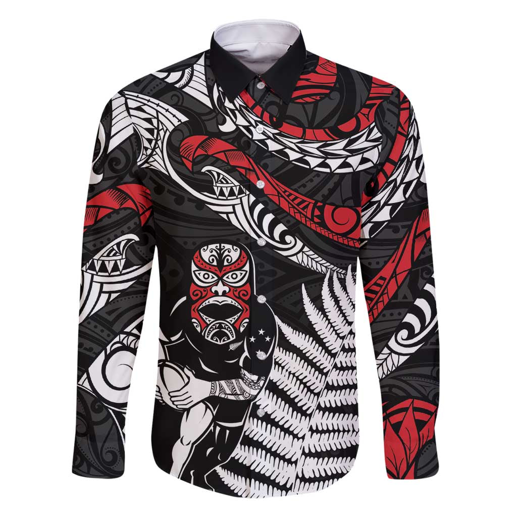 New Zealand Maori Rugby Personalised Family Matching Tank Maxi Dress and Hawaiian Shirt Ta Moko Silver Fern LT7 Dad's Shirt - Long Sleeve Black - Polynesian Pride