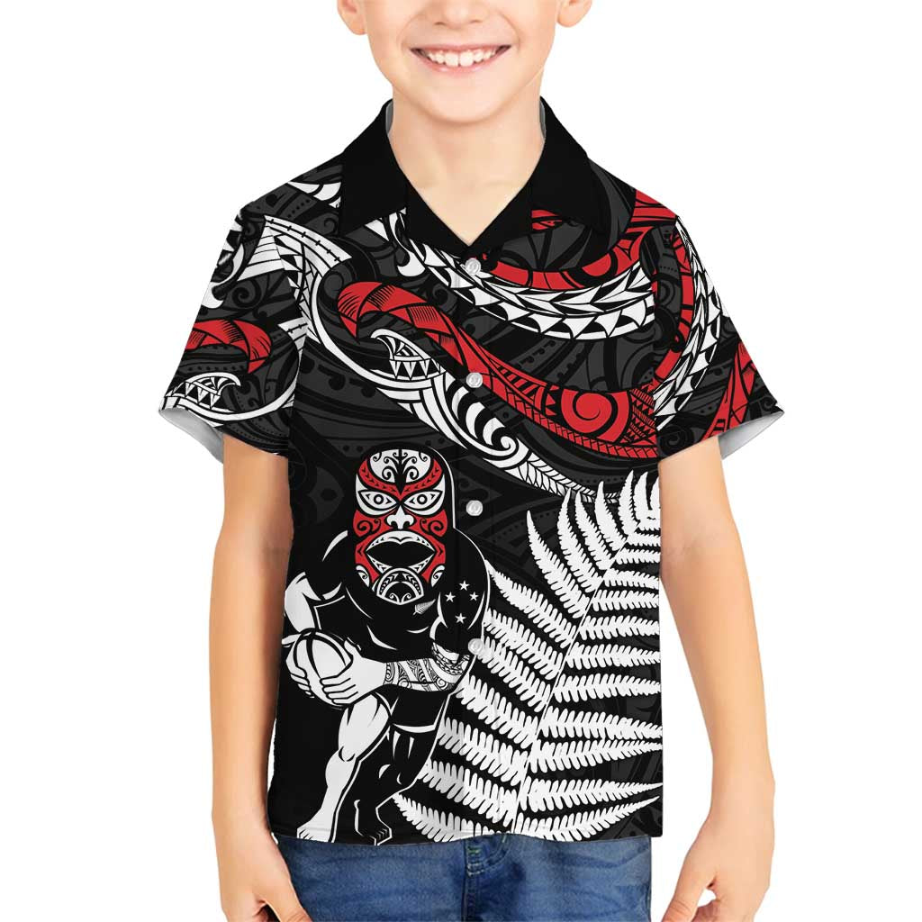New Zealand Maori Rugby Personalised Family Matching Tank Maxi Dress and Hawaiian Shirt Ta Moko Silver Fern LT7 Son's Shirt Black - Polynesian Pride