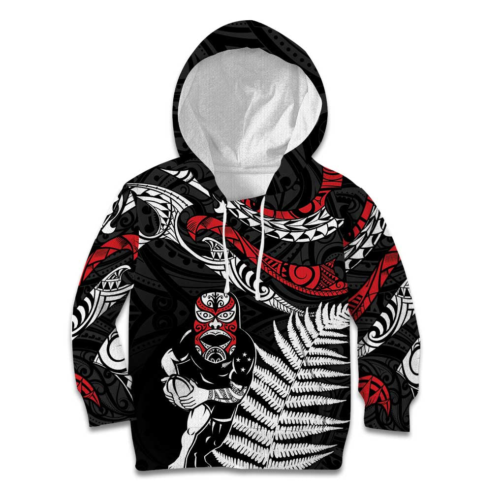 New Zealand Maori Rugby Personalised Kid Hoodie Ta Moko Silver Fern LT7 Hoodie Black - Polynesian Pride