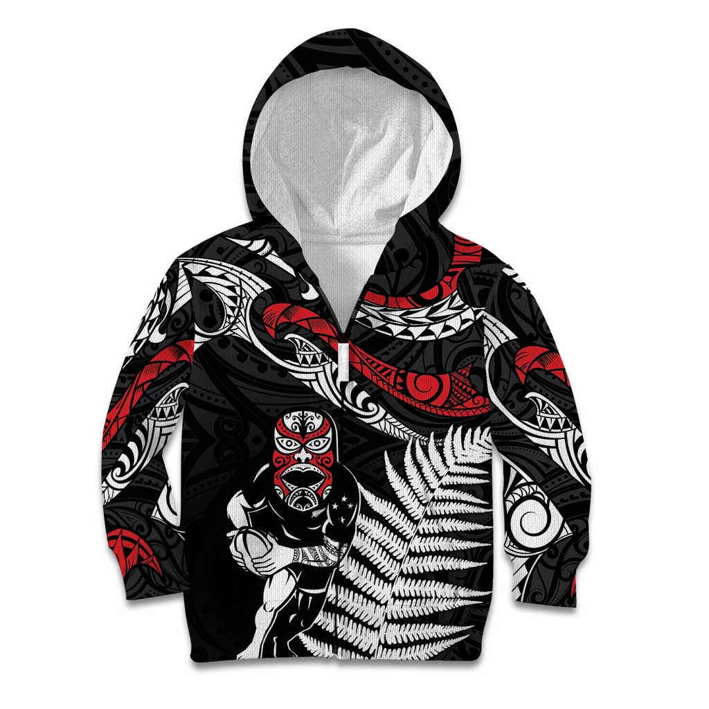 New Zealand Maori Rugby Personalised Kid Hoodie Ta Moko Silver Fern LT7 Zip Hoodie Black - Polynesian Pride