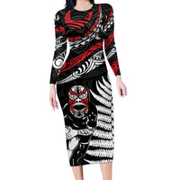New Zealand Maori Rugby Personalised Long Sleeve Bodycon Dress Ta Moko Silver Fern LT7 Long Dress Black - Polynesian Pride