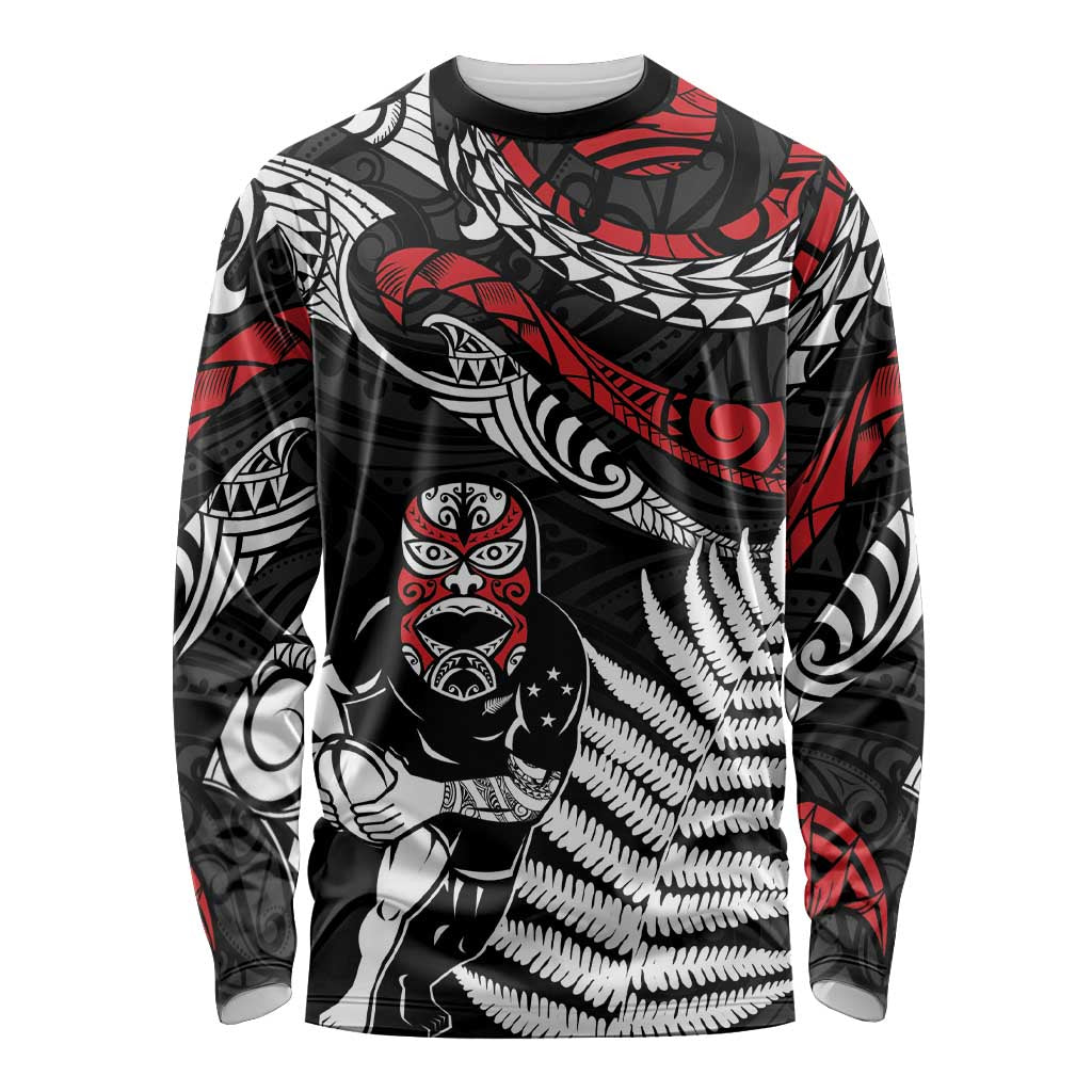 New Zealand Maori Rugby Personalised Long Sleeve Shirt Ta Moko Silver Fern LT7 Unisex Black - Polynesian Pride