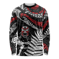 New Zealand Maori Rugby Personalised Long Sleeve Shirt Ta Moko Silver Fern LT7 Unisex Black - Polynesian Pride