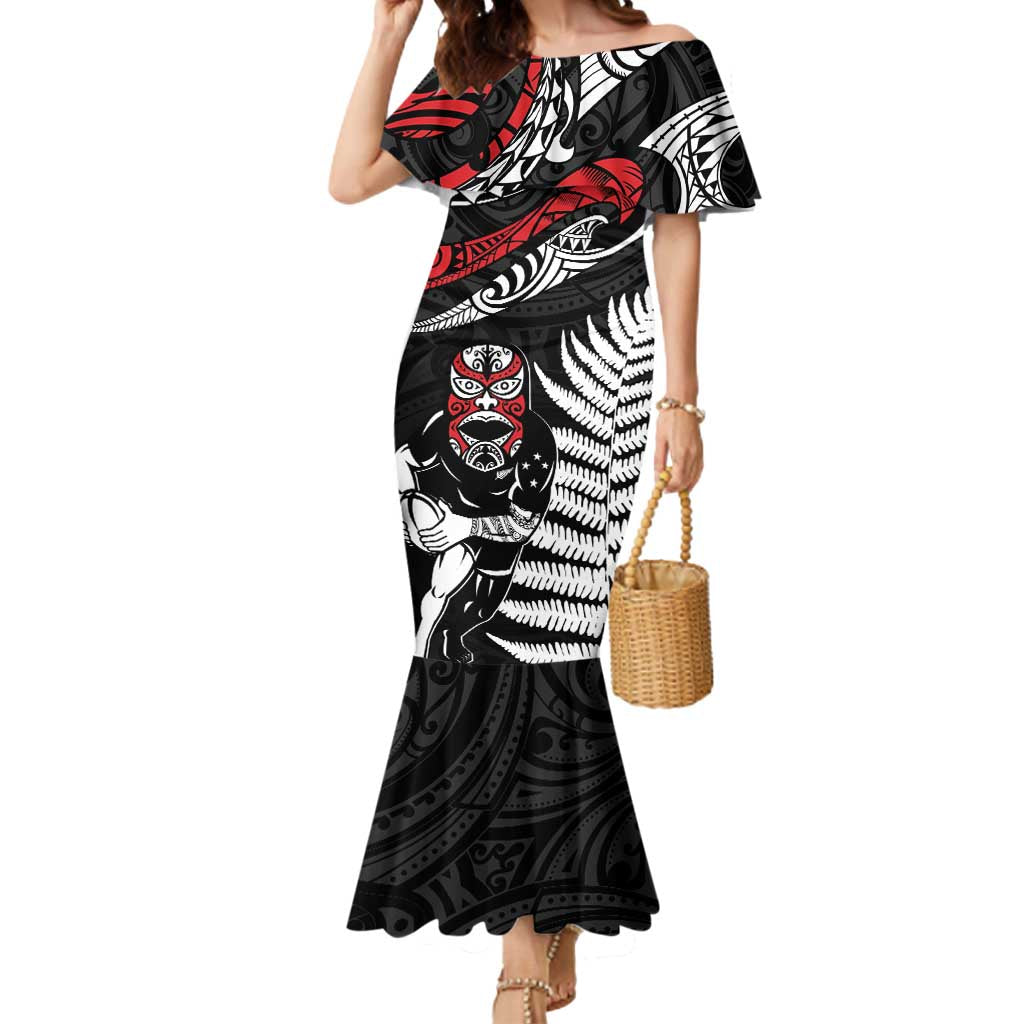 New Zealand Maori Rugby Personalised Mermaid Dress Ta Moko Silver Fern LT7 Women Black - Polynesian Pride