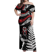 New Zealand Maori Rugby Personalised Off Shoulder Maxi Dress Ta Moko Silver Fern LT7 Women Black - Polynesian Pride