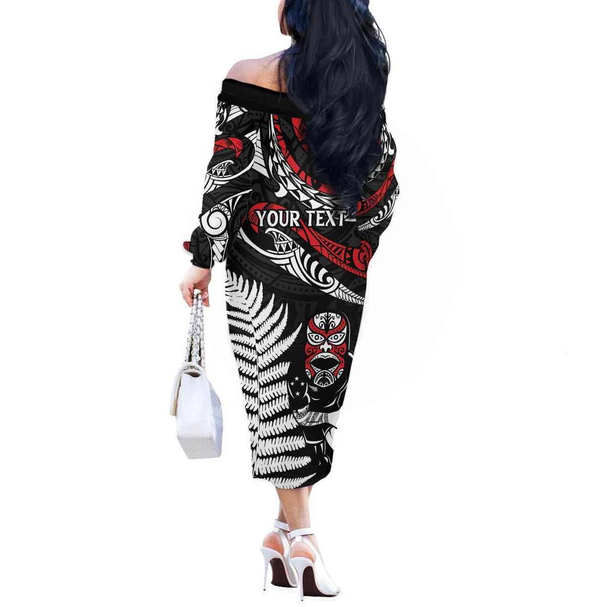 New Zealand Maori Rugby Personalised Off The Shoulder Long Sleeve Dress Ta Moko Silver Fern LT7 - Polynesian Pride