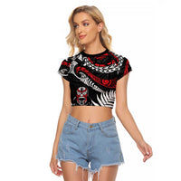 New Zealand Maori Rugby Personalised Raglan Cropped T Shirt Ta Moko Silver Fern LT7 Female Black - Polynesian Pride