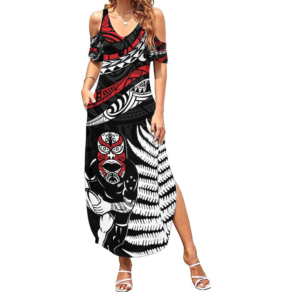 New Zealand Maori Rugby Personalised Summer Maxi Dress Ta Moko Silver Fern LT7 Women Black - Polynesian Pride
