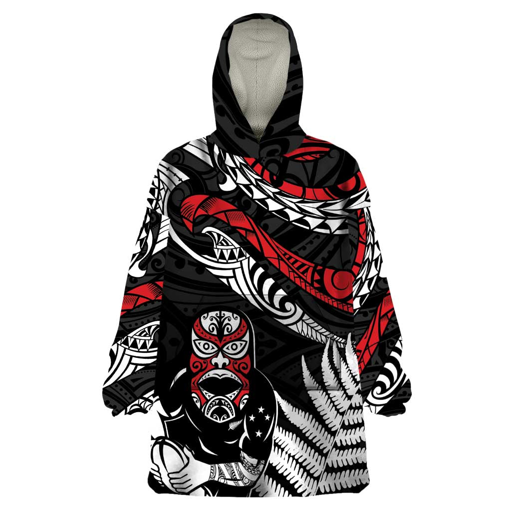 New Zealand Maori Rugby Personalised Wearable Blanket Hoodie Ta Moko Silver Fern LT7 One Size Black - Polynesian Pride