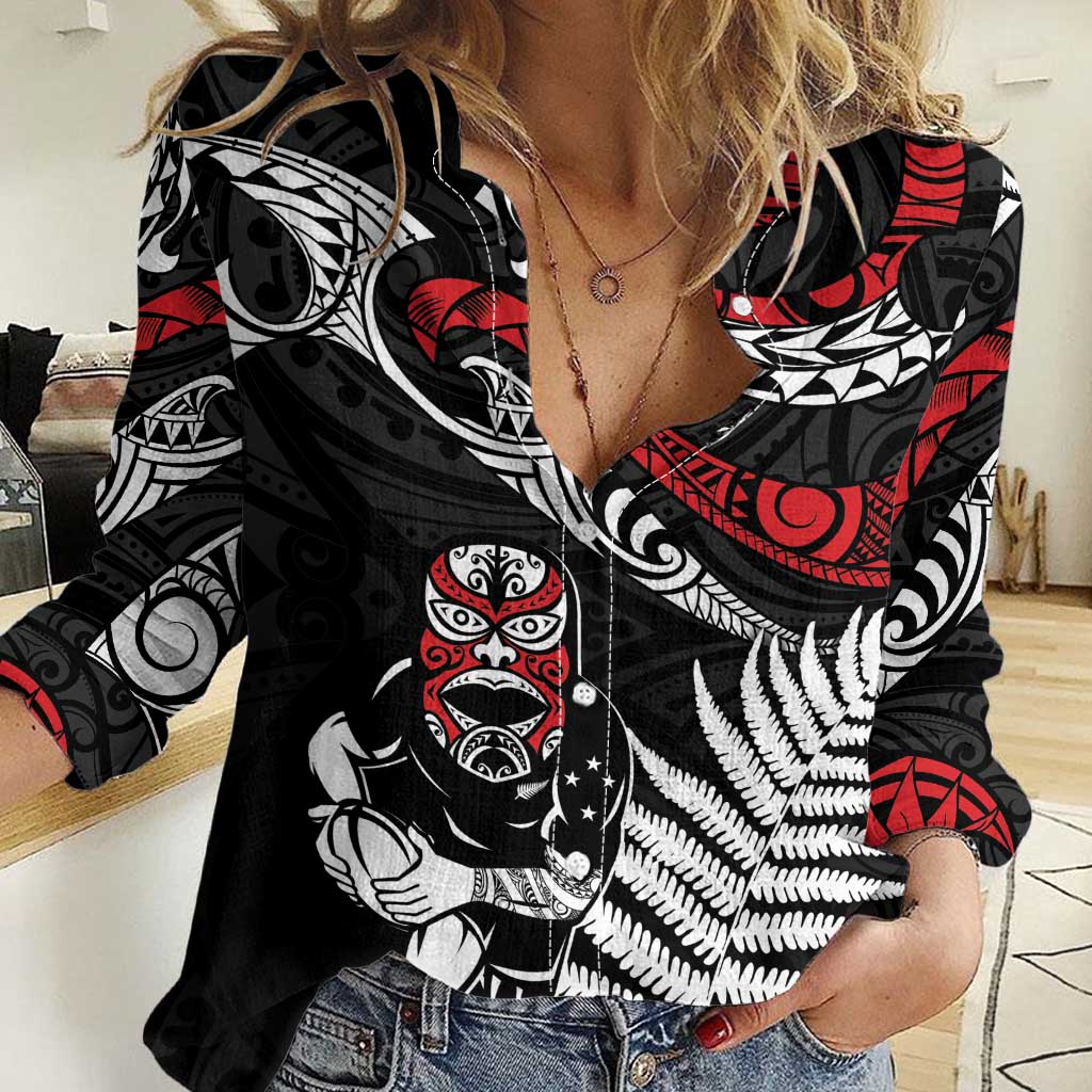 New Zealand Maori Rugby Personalised Women Casual Shirt Ta Moko Silver Fern LT7 Female Black - Polynesian Pride