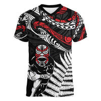 New Zealand Maori Rugby Personalised Women V-Neck T-Shirt Ta Moko Silver Fern LT7 Female Black - Polynesian Pride