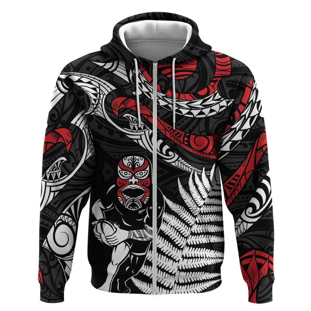 New Zealand Maori Rugby Personalised Zip Hoodie Ta Moko Silver Fern LT7 Zip Hoodie Black - Polynesian Pride