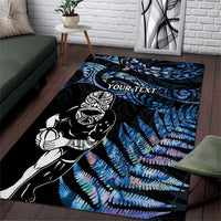 New Zealand Maori Rugby Personalised Area Rug Ta Moko Silver Fern - Paua Blue LT7 Blue - Polynesian Pride