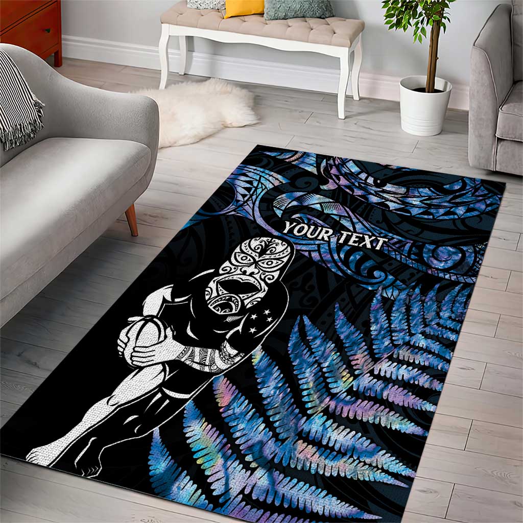 New Zealand Maori Rugby Personalised Area Rug Ta Moko Silver Fern - Paua Blue LT7 - Polynesian Pride