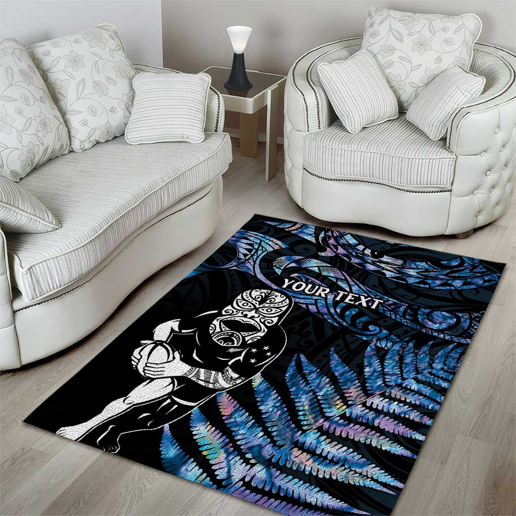 New Zealand Maori Rugby Personalised Area Rug Ta Moko Silver Fern - Paua Blue LT7 - Polynesian Pride