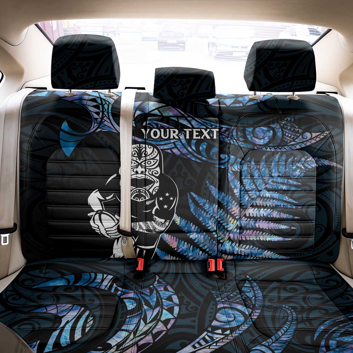 New Zealand Maori Rugby Personalised Back Car Seat Cover Ta Moko Silver Fern - Paua Blue LT7 - Polynesian Pride
