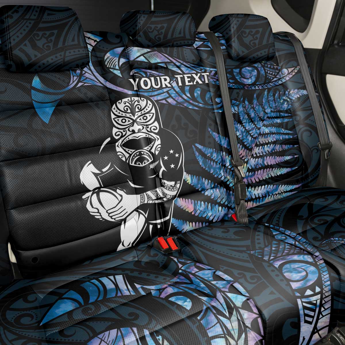 New Zealand Maori Rugby Personalised Back Car Seat Cover Ta Moko Silver Fern - Paua Blue LT7 - Polynesian Pride