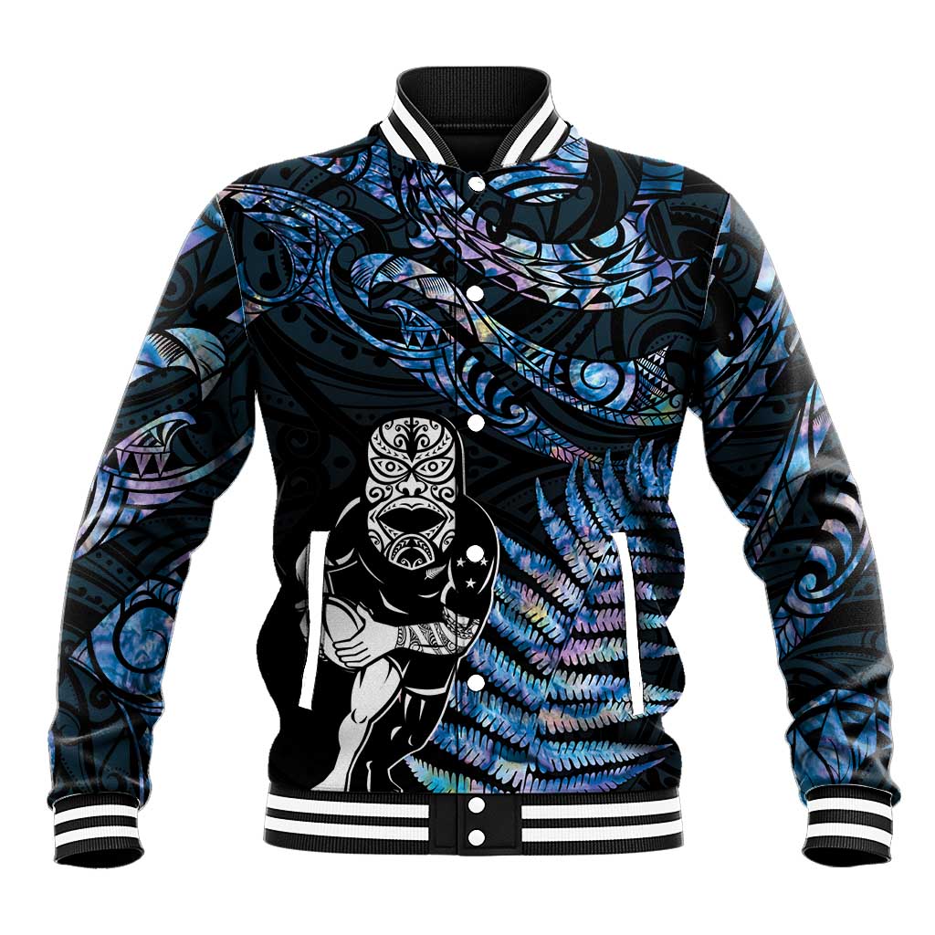 New Zealand Maori Rugby Personalised Baseball Jacket Ta Moko Silver Fern - Paua Blue LT7 Unisex Blue - Polynesian Pride