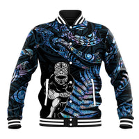 New Zealand Maori Rugby Personalised Baseball Jacket Ta Moko Silver Fern - Paua Blue LT7 Unisex Blue - Polynesian Pride