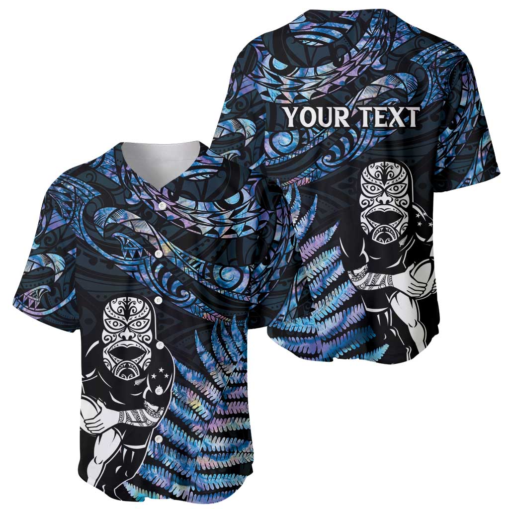 New Zealand Maori Rugby Personalised Baseball Jersey Ta Moko Silver Fern - Paua Blue LT7 - Polynesian Pride