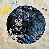 New Zealand Maori Rugby Personalised Beach Blanket Ta Moko Silver Fern - Paua Blue LT7 One Size 150cm Blue - Polynesian Pride