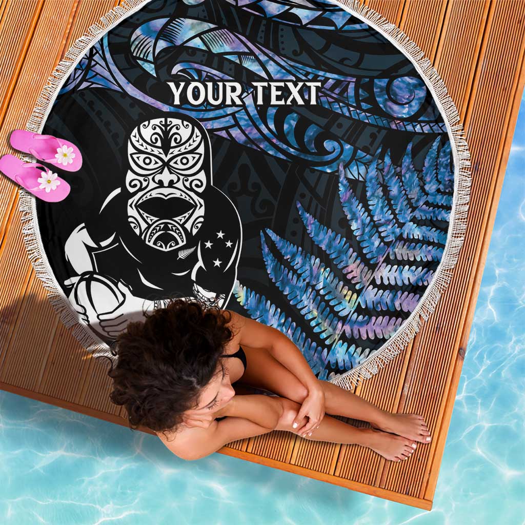 New Zealand Maori Rugby Personalised Beach Blanket Ta Moko Silver Fern - Paua Blue LT7 - Polynesian Pride