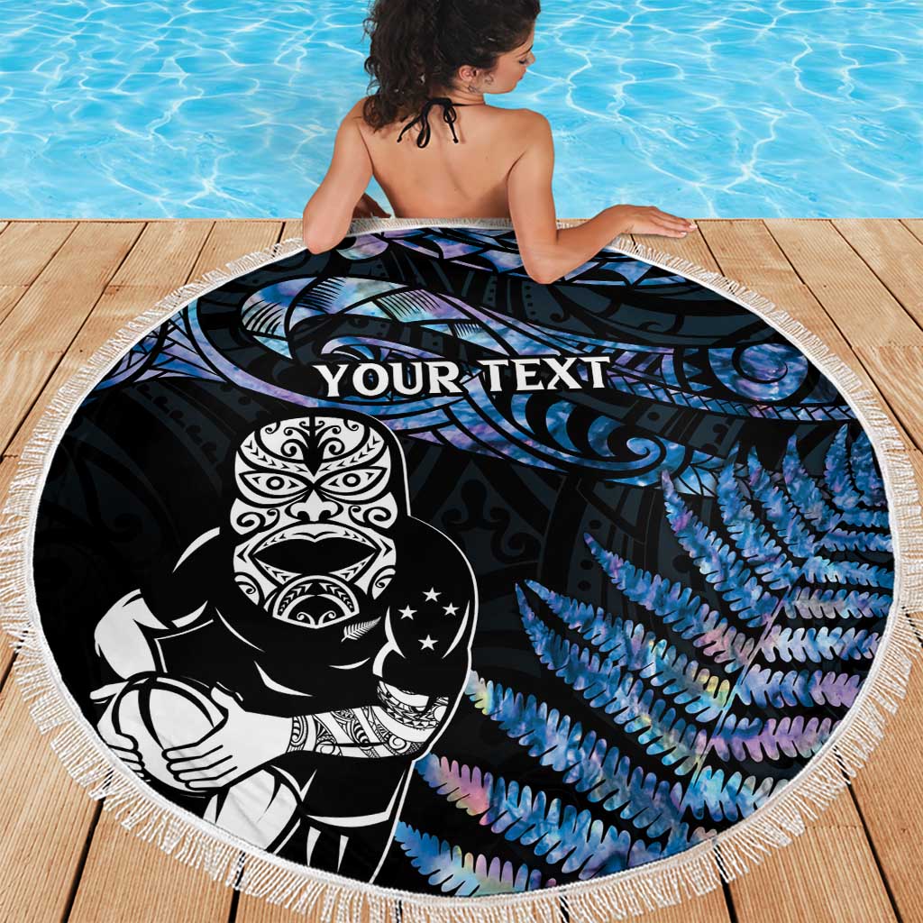 New Zealand Maori Rugby Personalised Beach Blanket Ta Moko Silver Fern - Paua Blue LT7 - Polynesian Pride