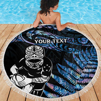 New Zealand Maori Rugby Personalised Beach Blanket Ta Moko Silver Fern - Paua Blue LT7 - Polynesian Pride