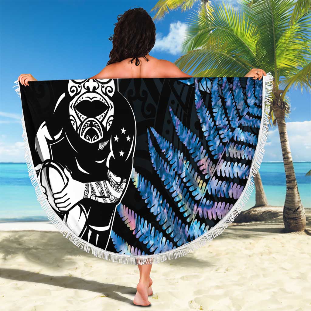 New Zealand Maori Rugby Personalised Beach Blanket Ta Moko Silver Fern - Paua Blue LT7 - Polynesian Pride