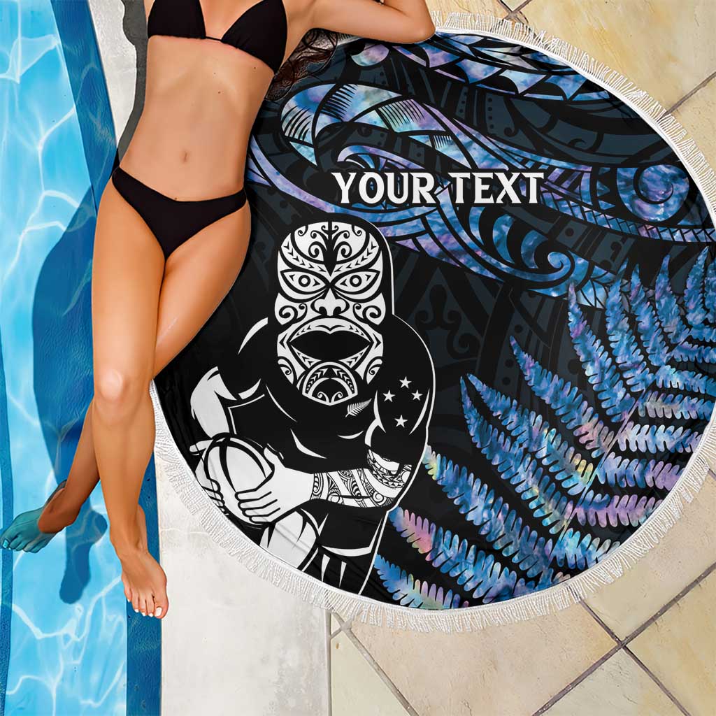 New Zealand Maori Rugby Personalised Beach Blanket Ta Moko Silver Fern - Paua Blue LT7 - Polynesian Pride