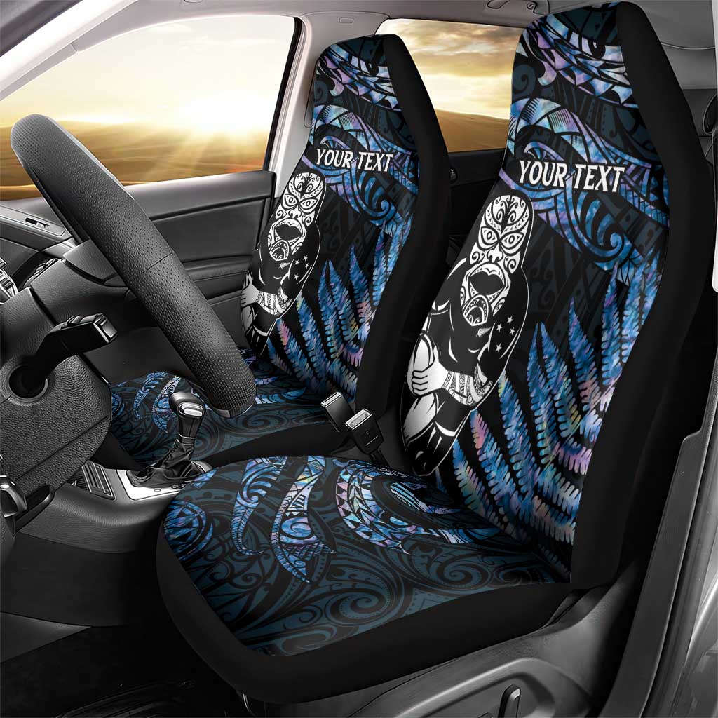 New Zealand Maori Rugby Personalised Car Seat Cover Ta Moko Silver Fern - Paua Blue LT7 - Polynesian Pride