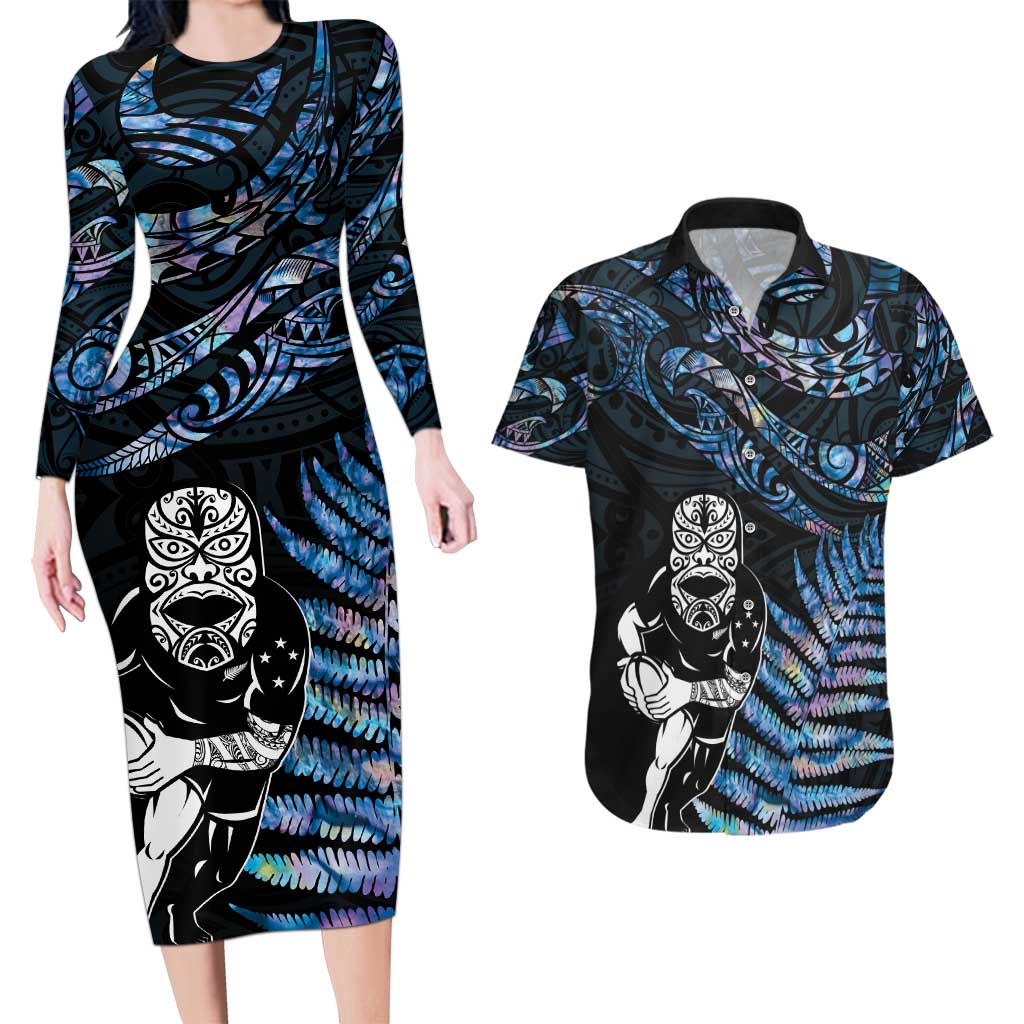 New Zealand Maori Rugby Personalised Couples Matching Long Sleeve Bodycon Dress and Hawaiian Shirt Ta Moko Silver Fern - Paua Blue LT7 Blue - Polynesian Pride