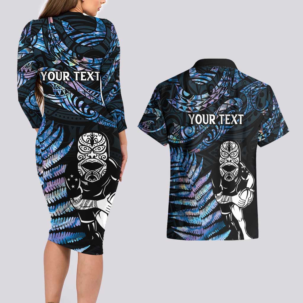 New Zealand Maori Rugby Personalised Couples Matching Long Sleeve Bodycon Dress and Hawaiian Shirt Ta Moko Silver Fern - Paua Blue LT7 - Polynesian Pride