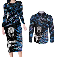 New Zealand Maori Rugby Personalised Couples Matching Long Sleeve Bodycon Dress and Long Sleeve Button Shirt Ta Moko Silver Fern - Paua Blue LT7 Blue - Polynesian Pride