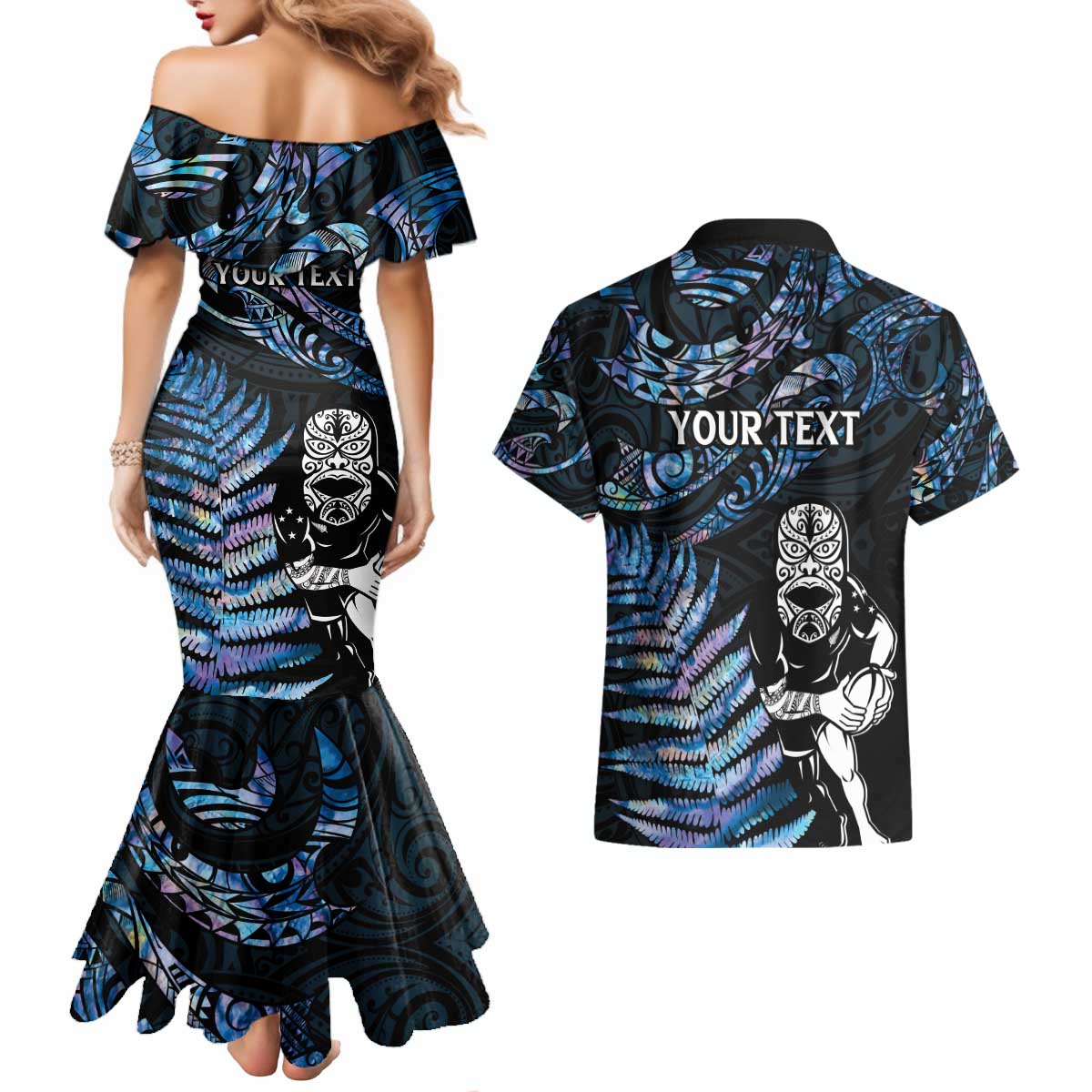 New Zealand Maori Rugby Personalised Couples Matching Mermaid Dress and Hawaiian Shirt Ta Moko Silver Fern - Paua Blue LT7 - Polynesian Pride