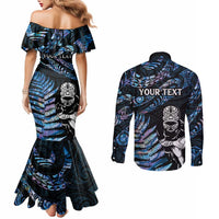 New Zealand Maori Rugby Personalised Couples Matching Mermaid Dress and Long Sleeve Button Shirt Ta Moko Silver Fern - Paua Blue LT7 - Polynesian Pride