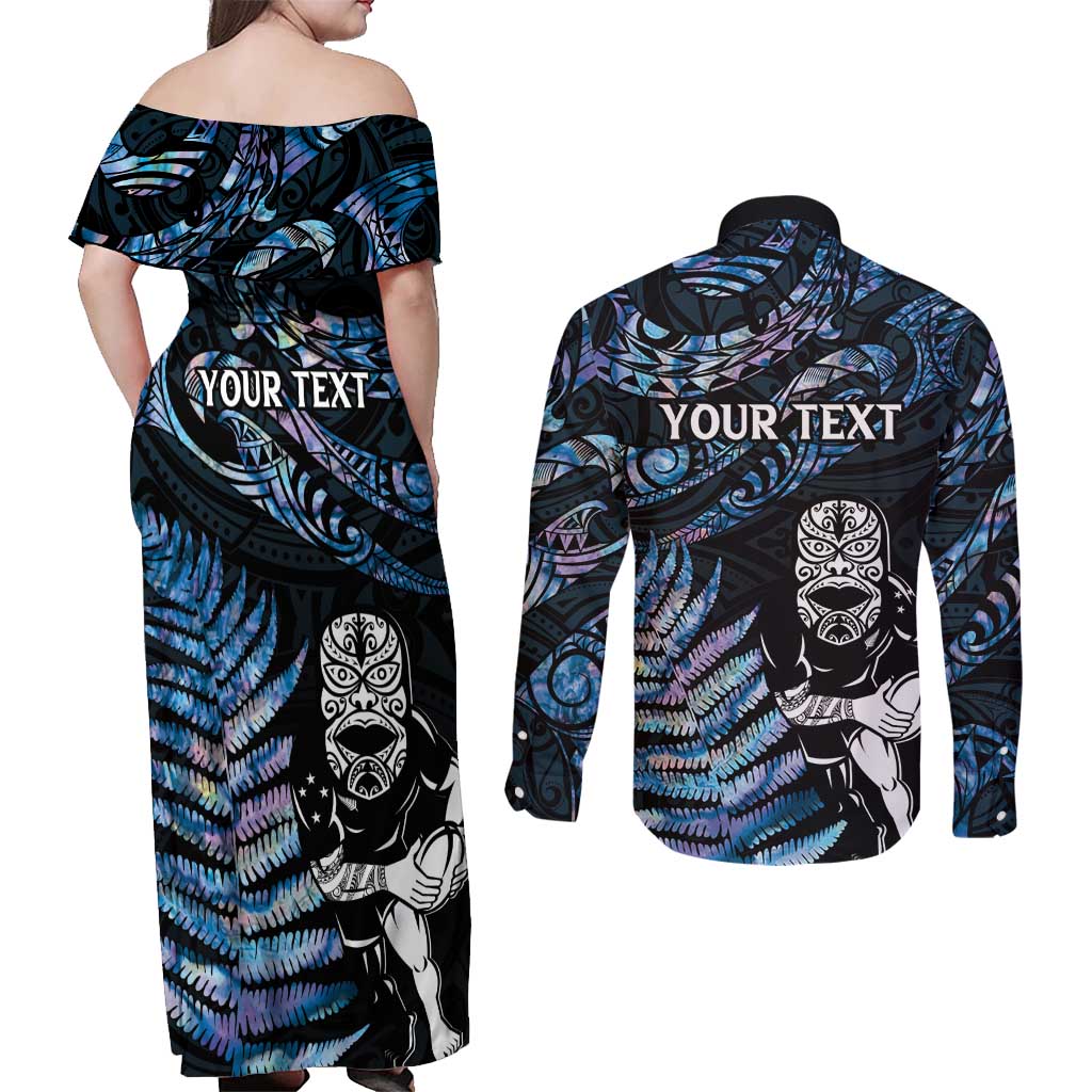 New Zealand Maori Rugby Personalised Couples Matching Off Shoulder Maxi Dress and Long Sleeve Button Shirt Ta Moko Silver Fern - Paua Blue LT7 - Polynesian Pride