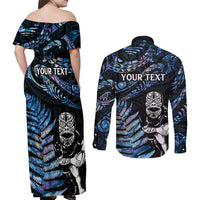New Zealand Maori Rugby Personalised Couples Matching Off Shoulder Maxi Dress and Long Sleeve Button Shirt Ta Moko Silver Fern - Paua Blue LT7 - Polynesian Pride