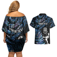 New Zealand Maori Rugby Personalised Couples Matching Off Shoulder Short Dress and Hawaiian Shirt Ta Moko Silver Fern - Paua Blue LT7 - Polynesian Pride