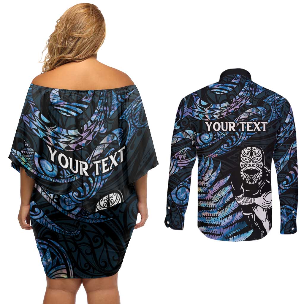 New Zealand Maori Rugby Personalised Couples Matching Off Shoulder Short Dress and Long Sleeve Button Shirt Ta Moko Silver Fern - Paua Blue LT7 - Polynesian Pride