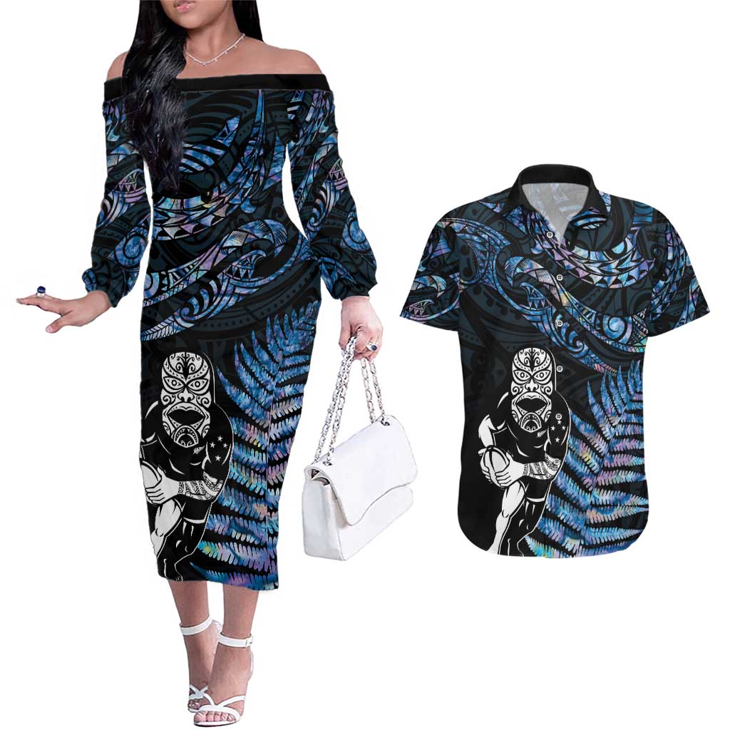 New Zealand Maori Rugby Personalised Couples Matching Off The Shoulder Long Sleeve Dress and Hawaiian Shirt Ta Moko Silver Fern - Paua Blue LT7 Blue - Polynesian Pride