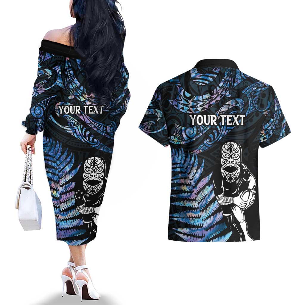 New Zealand Maori Rugby Personalised Couples Matching Off The Shoulder Long Sleeve Dress and Hawaiian Shirt Ta Moko Silver Fern - Paua Blue LT7 - Polynesian Pride