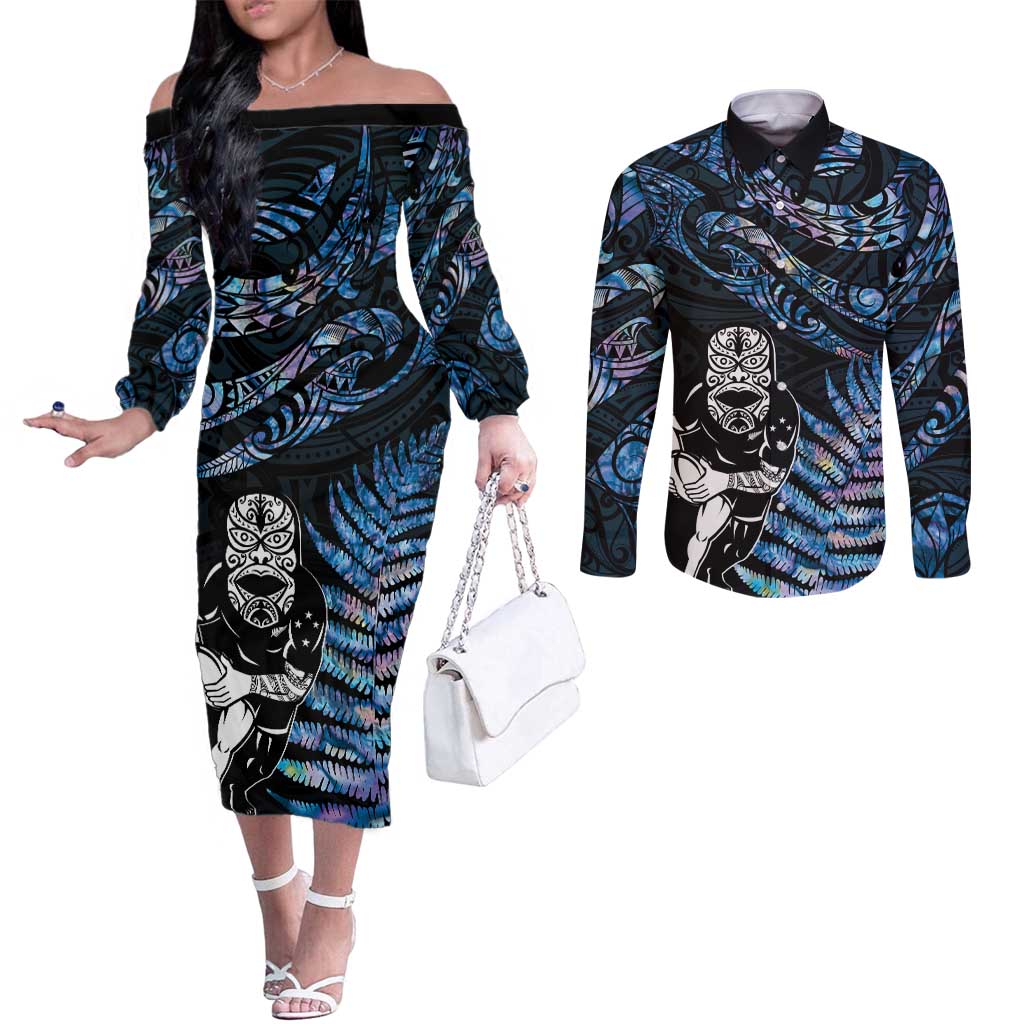 New Zealand Maori Rugby Personalised Couples Matching Off The Shoulder Long Sleeve Dress and Long Sleeve Button Shirt Ta Moko Silver Fern - Paua Blue LT7 Blue - Polynesian Pride