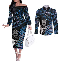 New Zealand Maori Rugby Personalised Couples Matching Off The Shoulder Long Sleeve Dress and Long Sleeve Button Shirt Ta Moko Silver Fern - Paua Blue LT7 Blue - Polynesian Pride