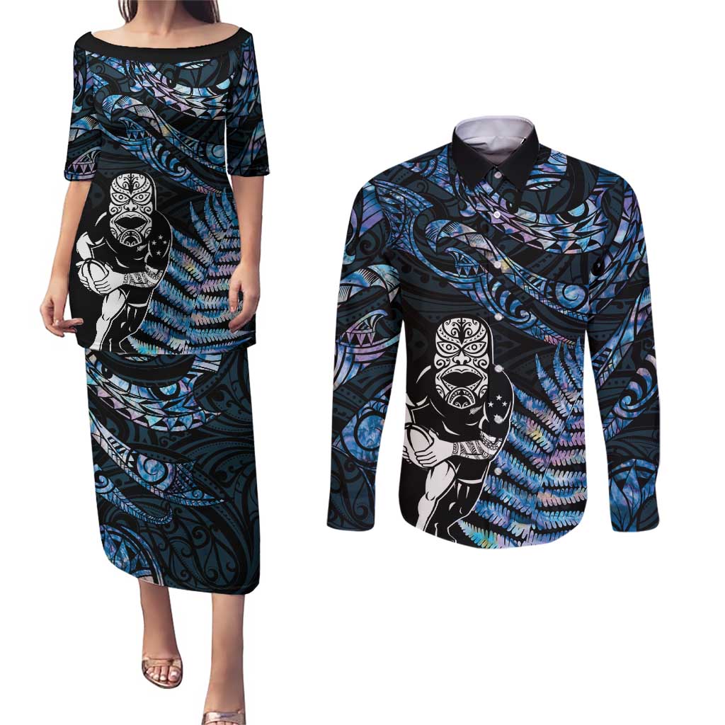 New Zealand Maori Rugby Personalised Couples Matching Puletasi and Long Sleeve Button Shirt Ta Moko Silver Fern - Paua Blue LT7 Blue - Polynesian Pride